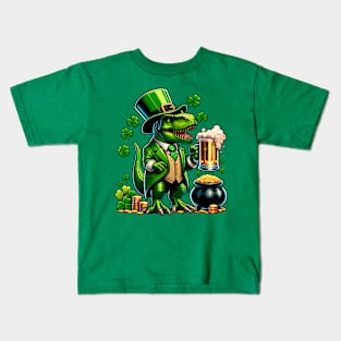 St Patrick's Day Irish T Rex Leprechaun Drinking Beer Kids T-Shirt